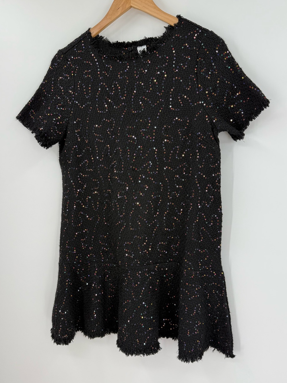 NWT Wild Pony Sequin Tweed Drop Waist Mini Dress Fringe Trim | Black | Small